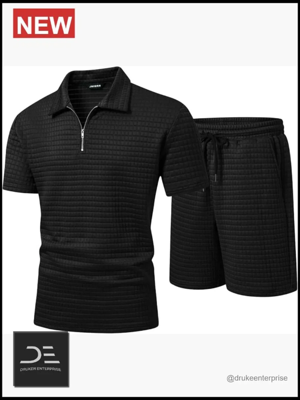 Men's 2 Piece Waffle Knit Outfit Half Zip Polo Shirt and Shorts Textured Summer